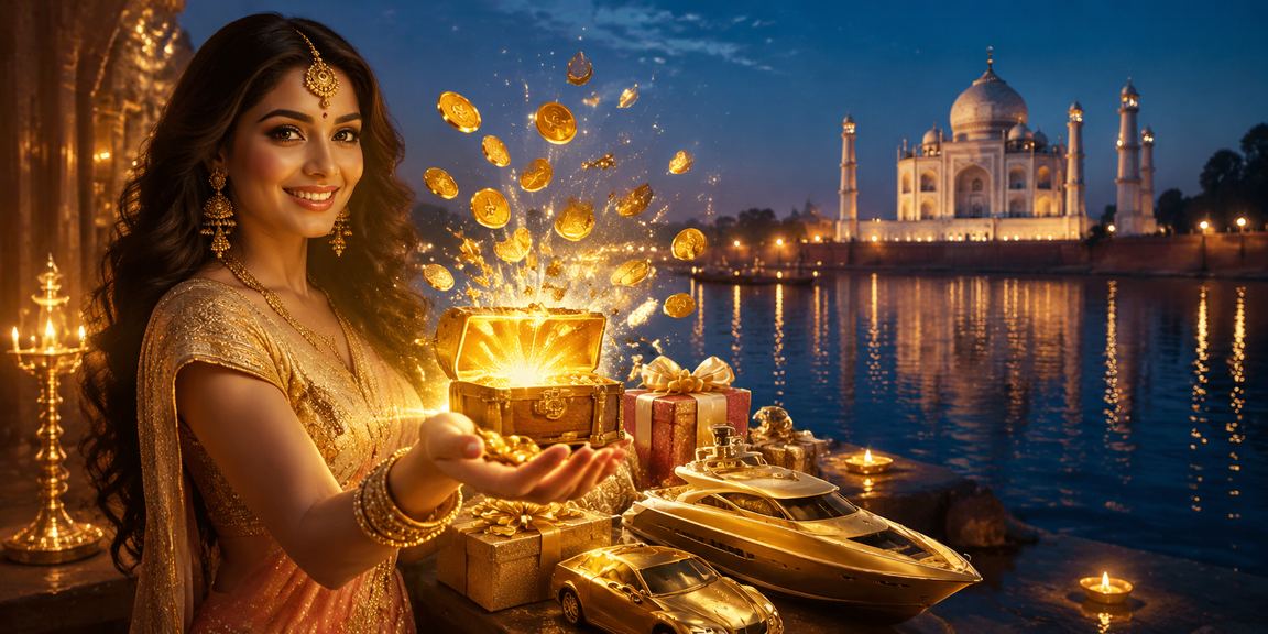 A vibrant live casino setup with blue and gold colors near Taj Mahal influence